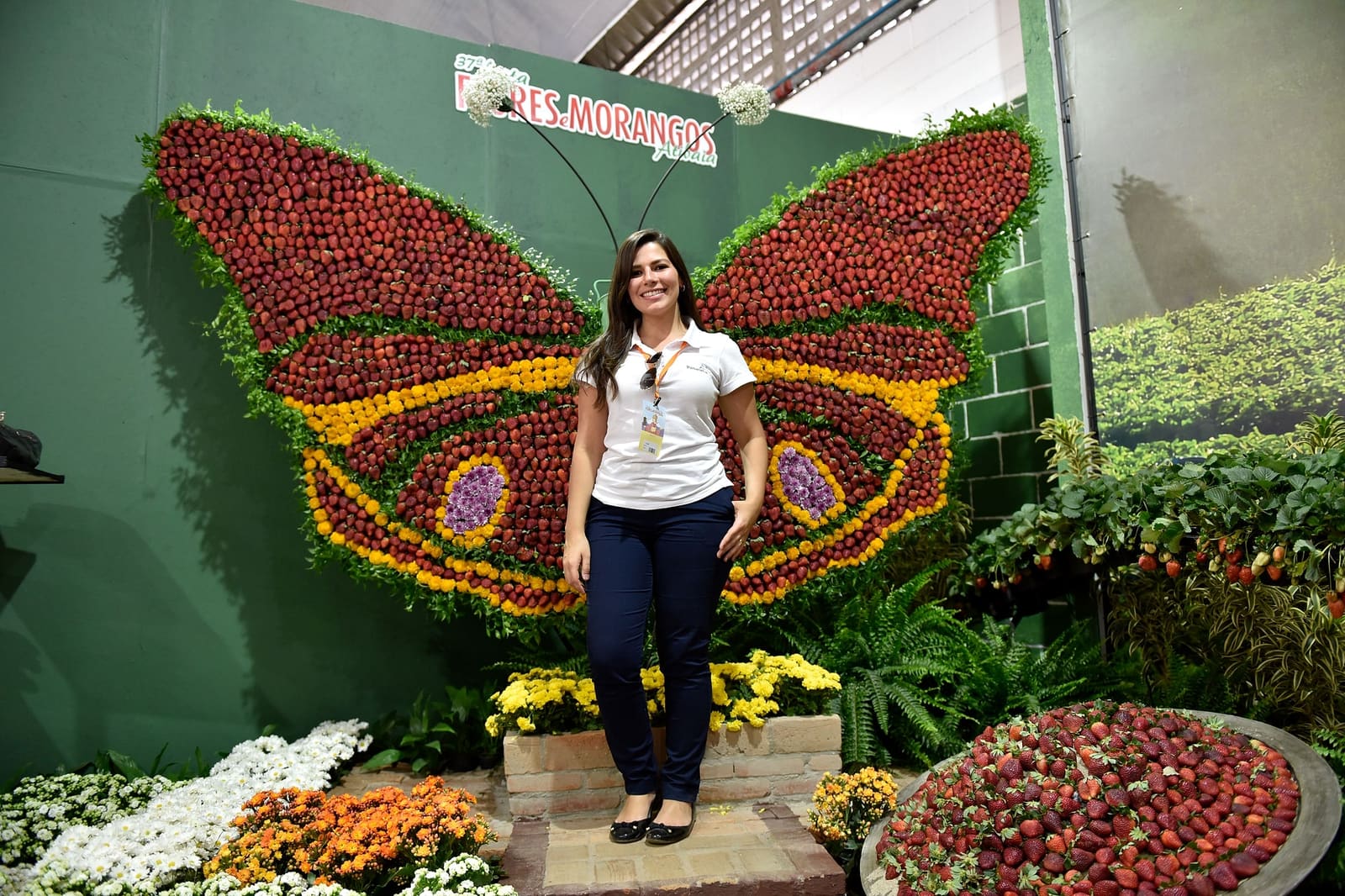 Borboleta montada com morangos e flores em cenário da Festa de Flores e Morangos de Atibaia, em 2017. Foto: Rosanetur / Wikimedia Commons, CC BY 2.0